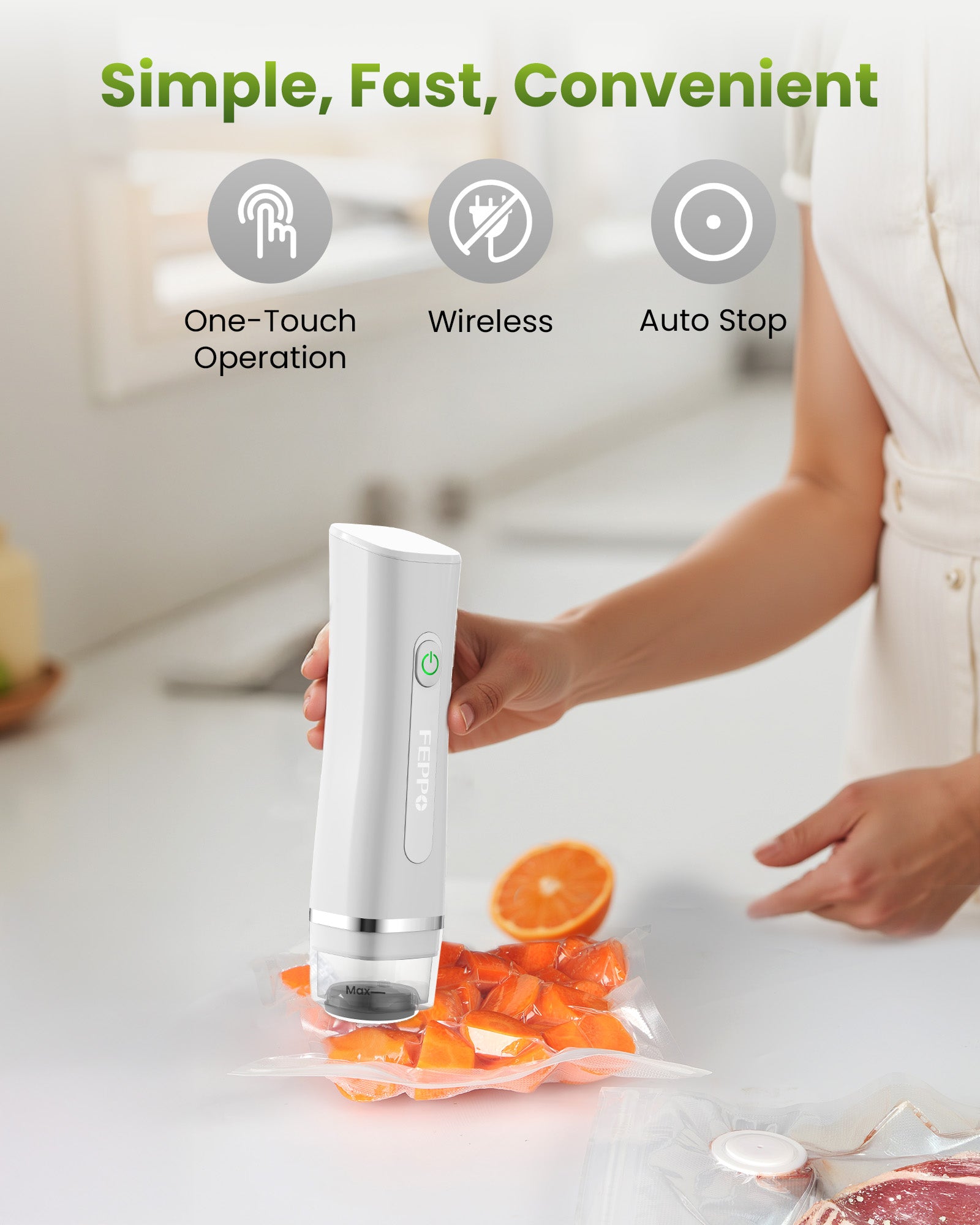 FEPPO Food Vacuum Sealer with Visible Water Tank – Compact Handheld Vacuum Sealer Machine + 30 Reusable Bags for 6X Food Preservation & Freshness