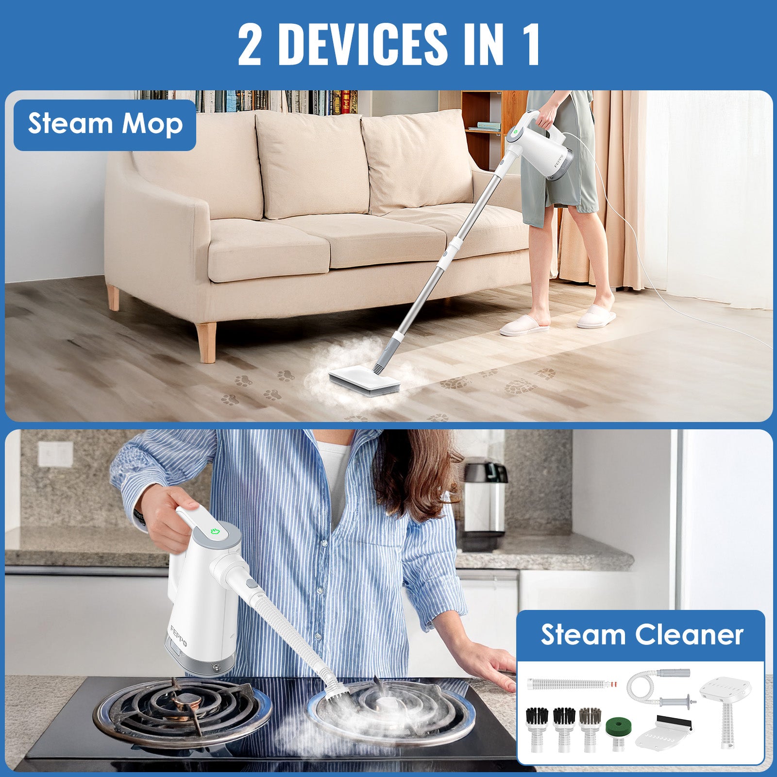 FEPPO 2‑in‑1 Steam Mop & Handheld Cleaner – 10‑in‑1 Attachments for Floors, Grout, Windows | Chemical‑Free, 1300 W
