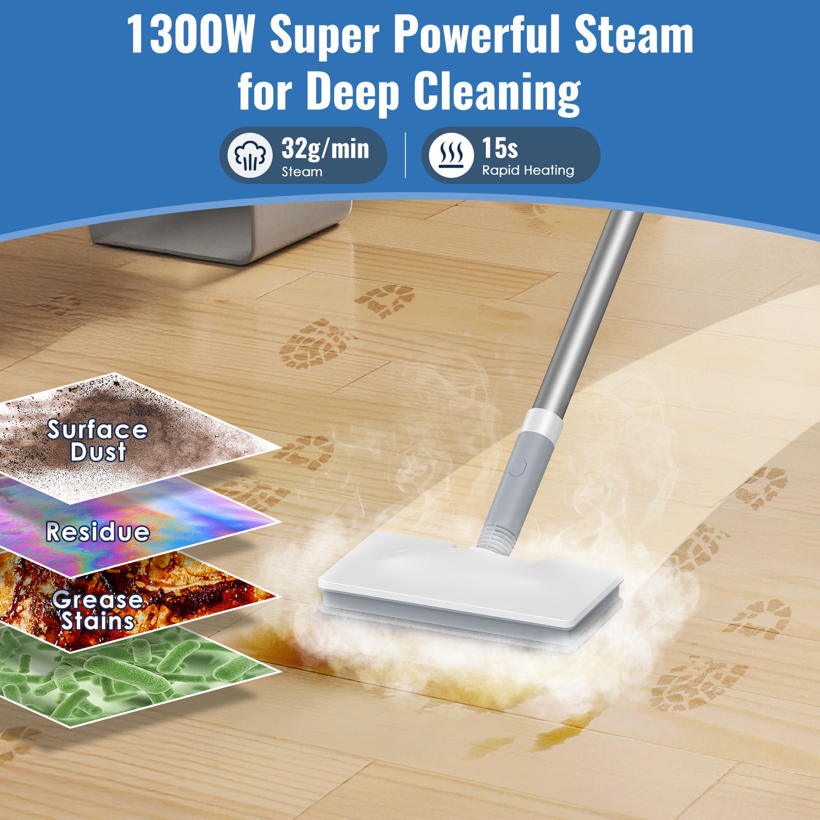 FEPPO 2‑in‑1 Steam Mop & Handheld Cleaner – 10‑in‑1 Attachments for Floors, Grout, Windows | Chemical‑Free, 1300 W