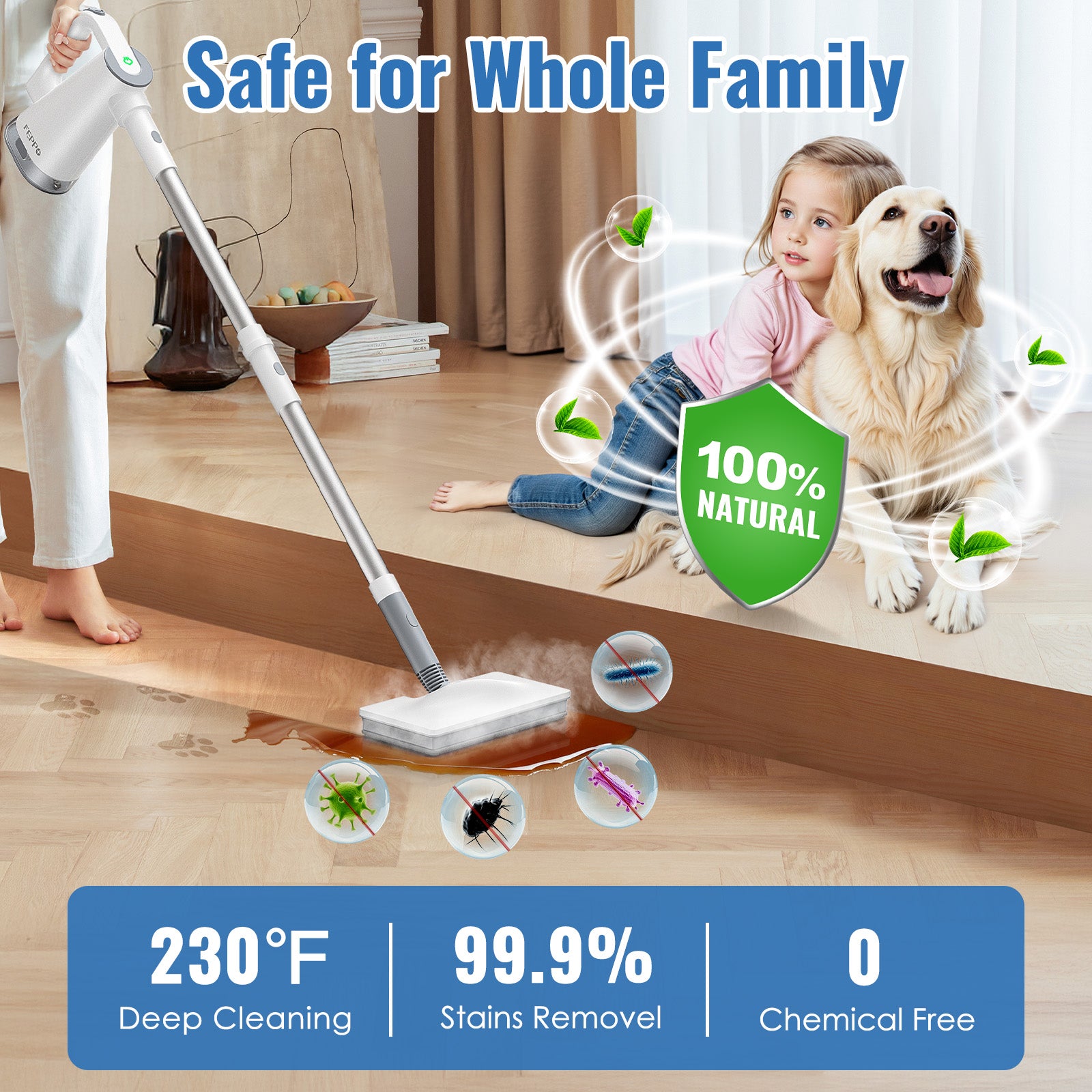 FEPPO 2‑in‑1 Steam Mop & Handheld Cleaner – 10‑in‑1 Attachments for Floors, Grout, Windows | Chemical‑Free, 1300 W