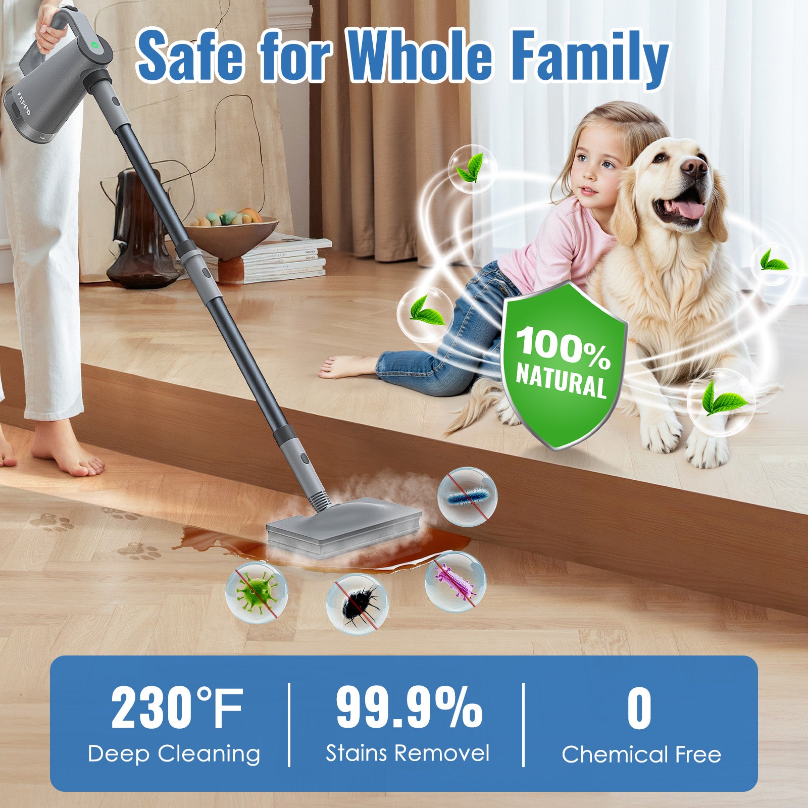 FEPPO 2‑in‑1 Steam Mop & Handheld Cleaner – 10‑in‑1 Attachments for Floors, Grout, Windows | Chemical‑Free, 1300 W