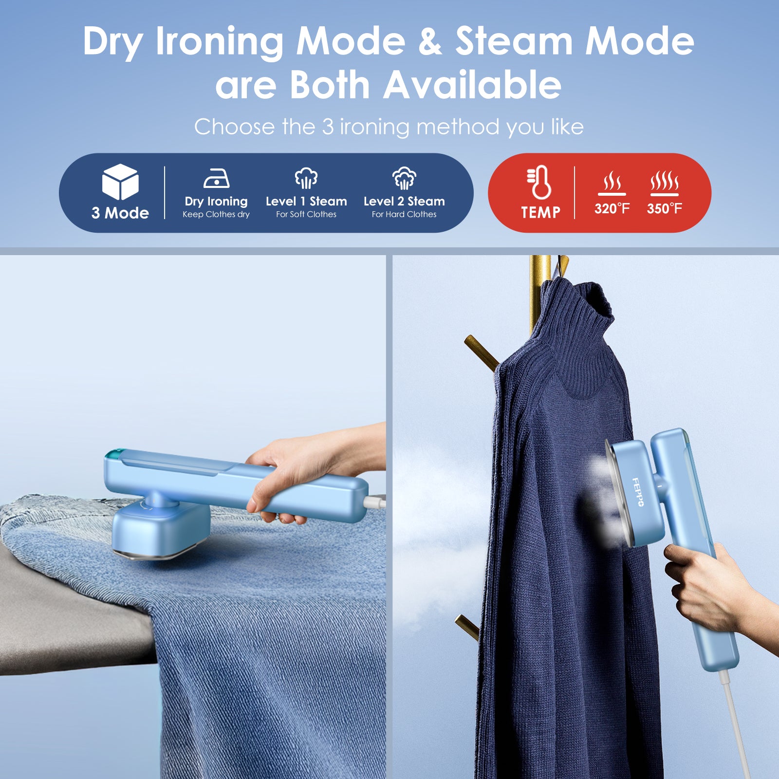FEPPO Travel Clothes Steamer & Iron 2-in-1 – 1100W Portable Garment Steamer, Dual Voltage 110-240V, Fast Heat-Up, Travel Size