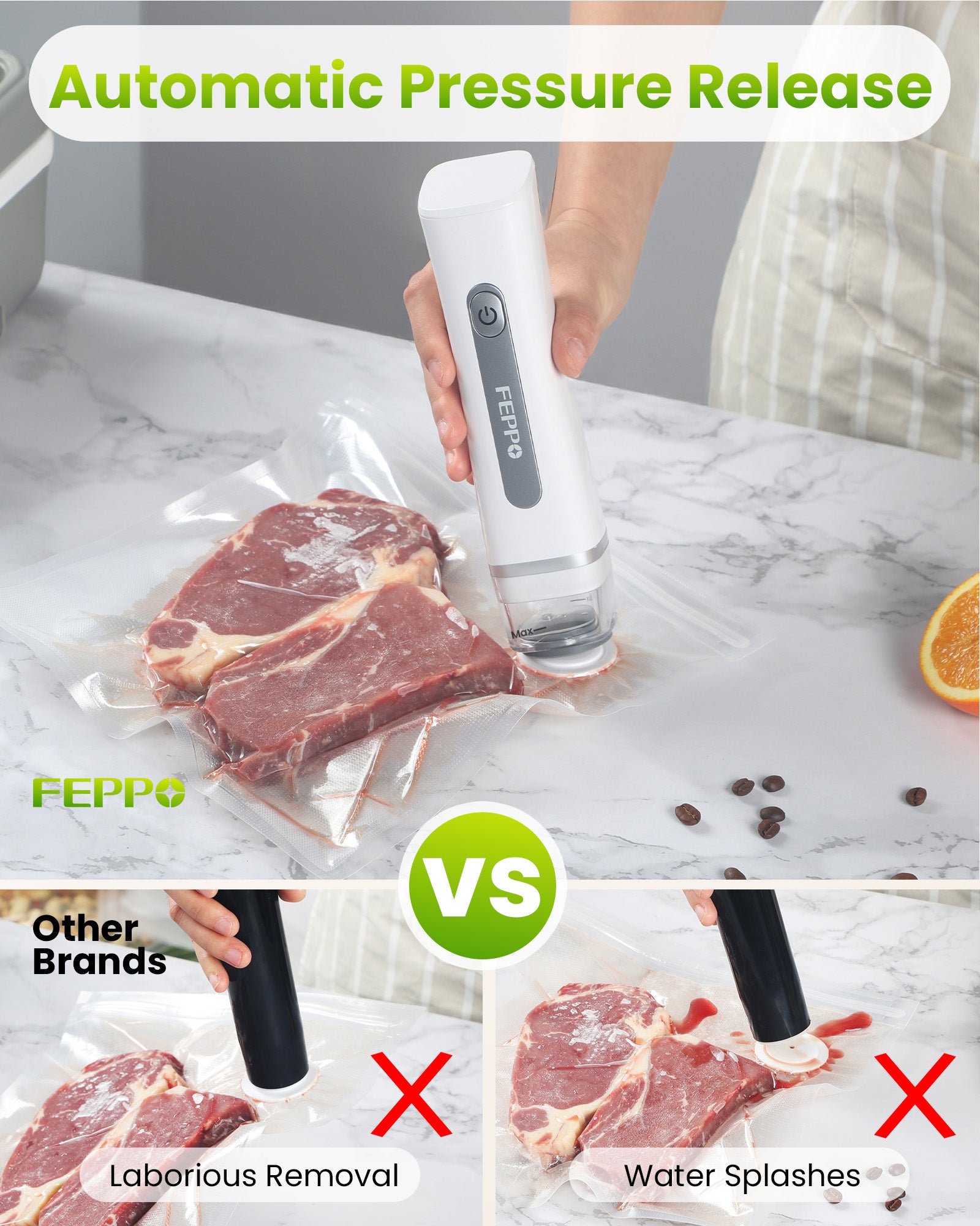 FEPPO Food Vacuum Sealer with Visible Water Tank – Compact Handheld Vacuum Sealer Machine + 30 Reusable Bags for 6X Food Preservation & Freshness