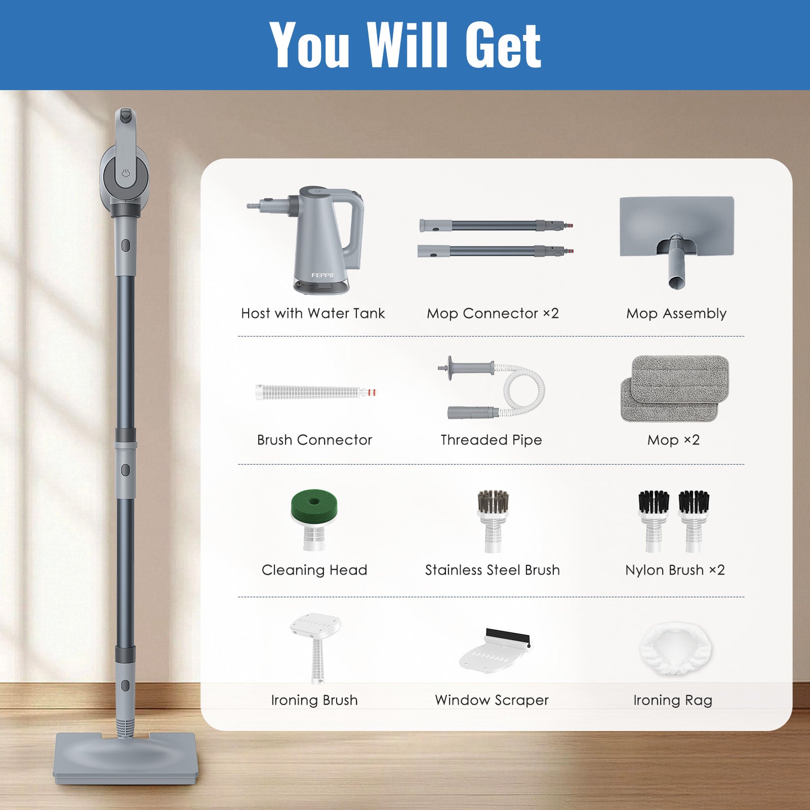 FEPPO 2‑in‑1 Steam Mop & Handheld Cleaner – 10‑in‑1 Attachments for Floors, Grout, Windows | Chemical‑Free, 1300 W