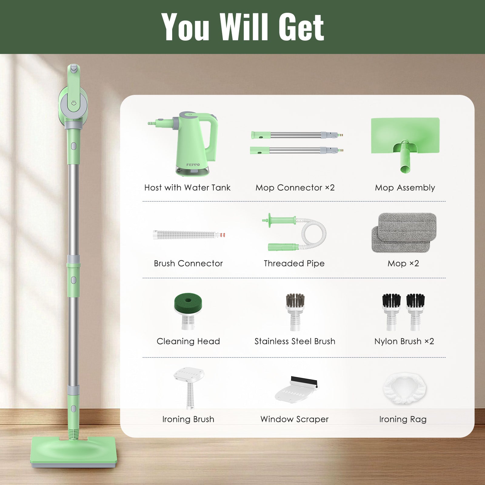 FEPPO 2‑in‑1 Steam Mop & Handheld Cleaner – 10‑in‑1 Attachments for Floors, Grout, Windows | Chemical‑Free, 1300 W