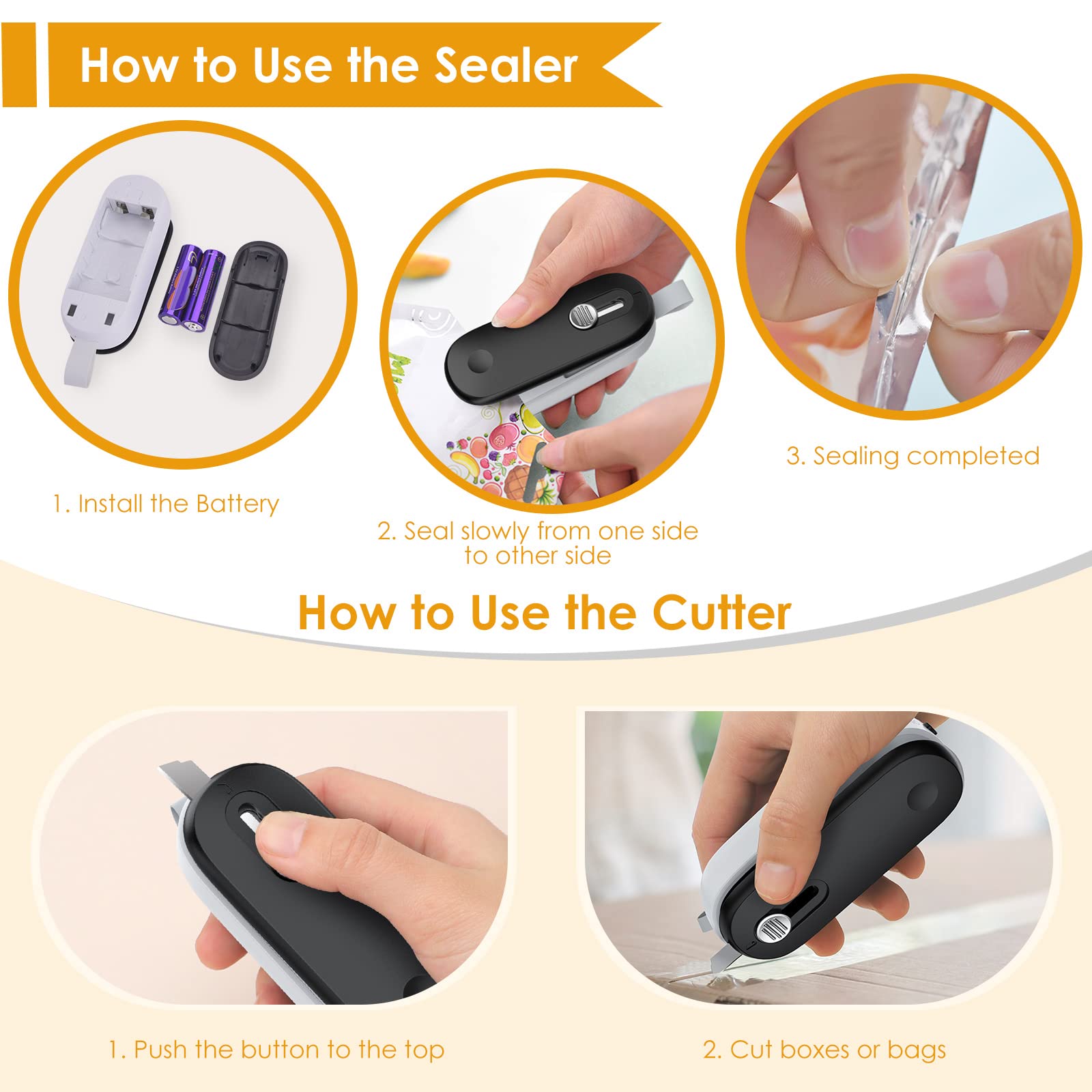 FEPPO 2-in-1 Mini Bag Sealer with Cutter – Portable Heat Resealer for Chips, Plastic & Snack Bags, Batteries Included