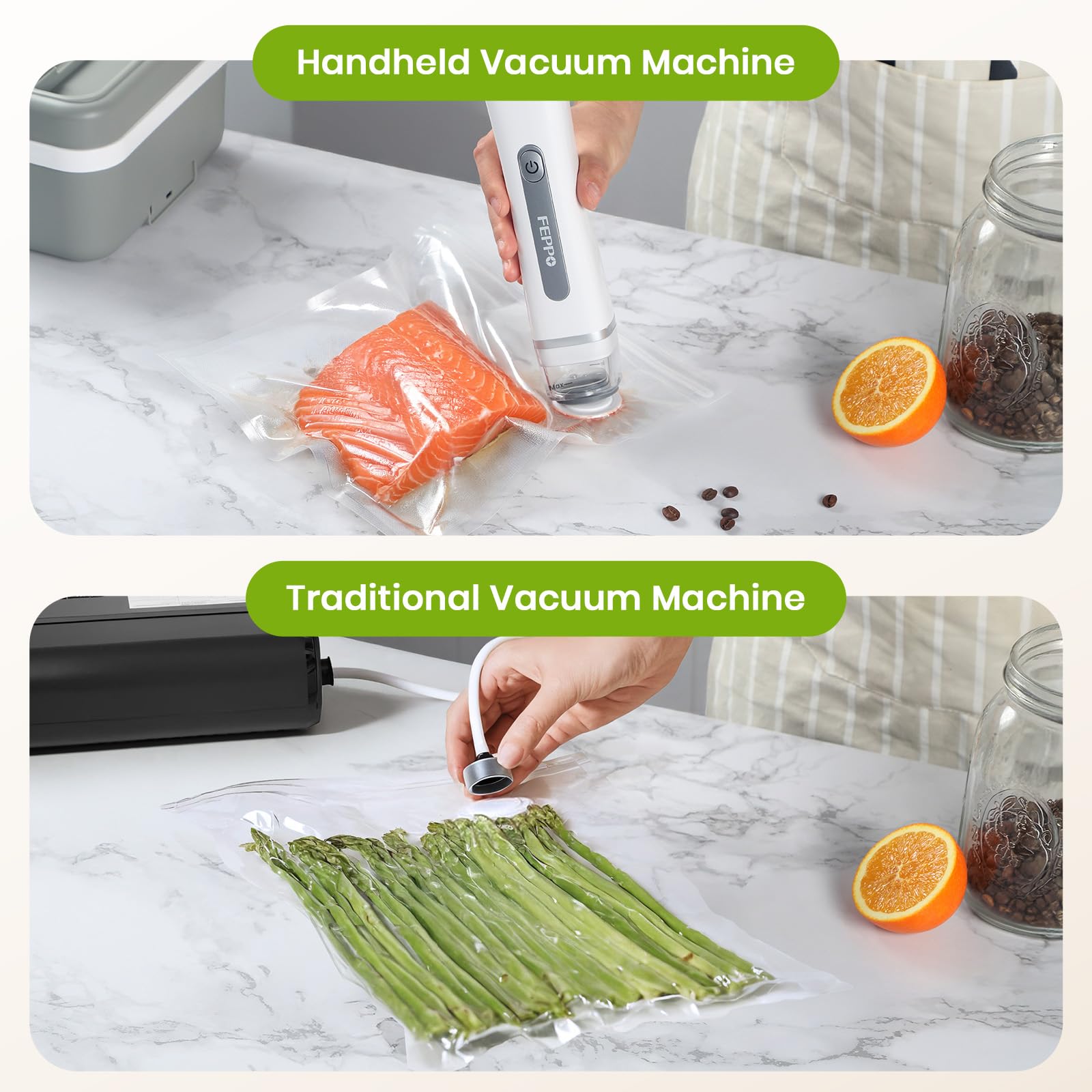 FEPPO Food Vacuum Sealer with Visible Water Tank – Compact Handheld Vacuum Sealer Machine + 30 Reusable Bags for 6X Food Preservation & Freshness