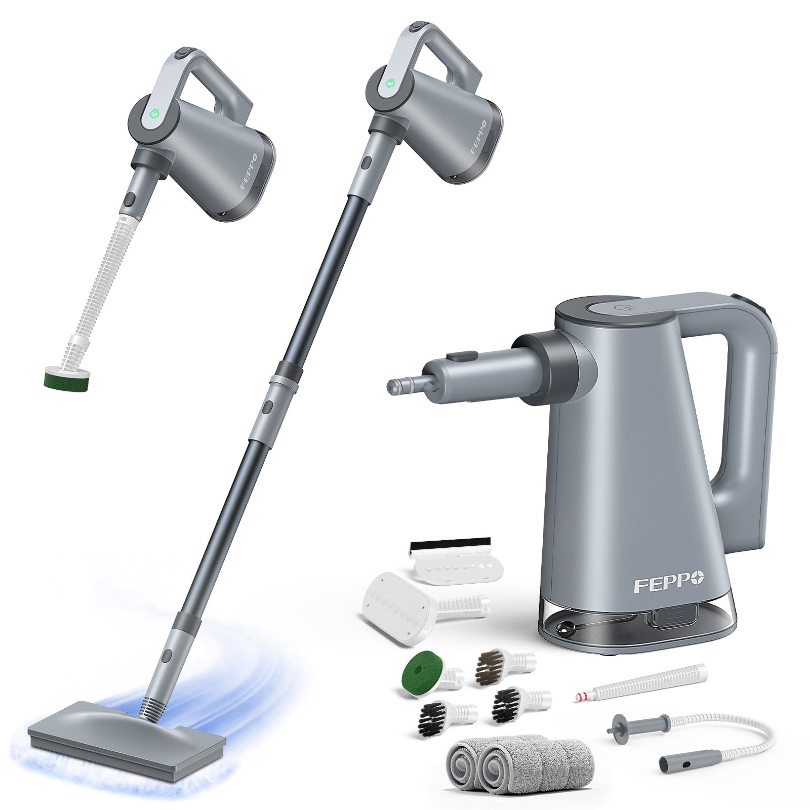 FEPPO 2‑in‑1 Steam Mop & Handheld Cleaner – 10‑in‑1 Attachments for Floors, Grout, Windows | Chemical‑Free, 1300 W