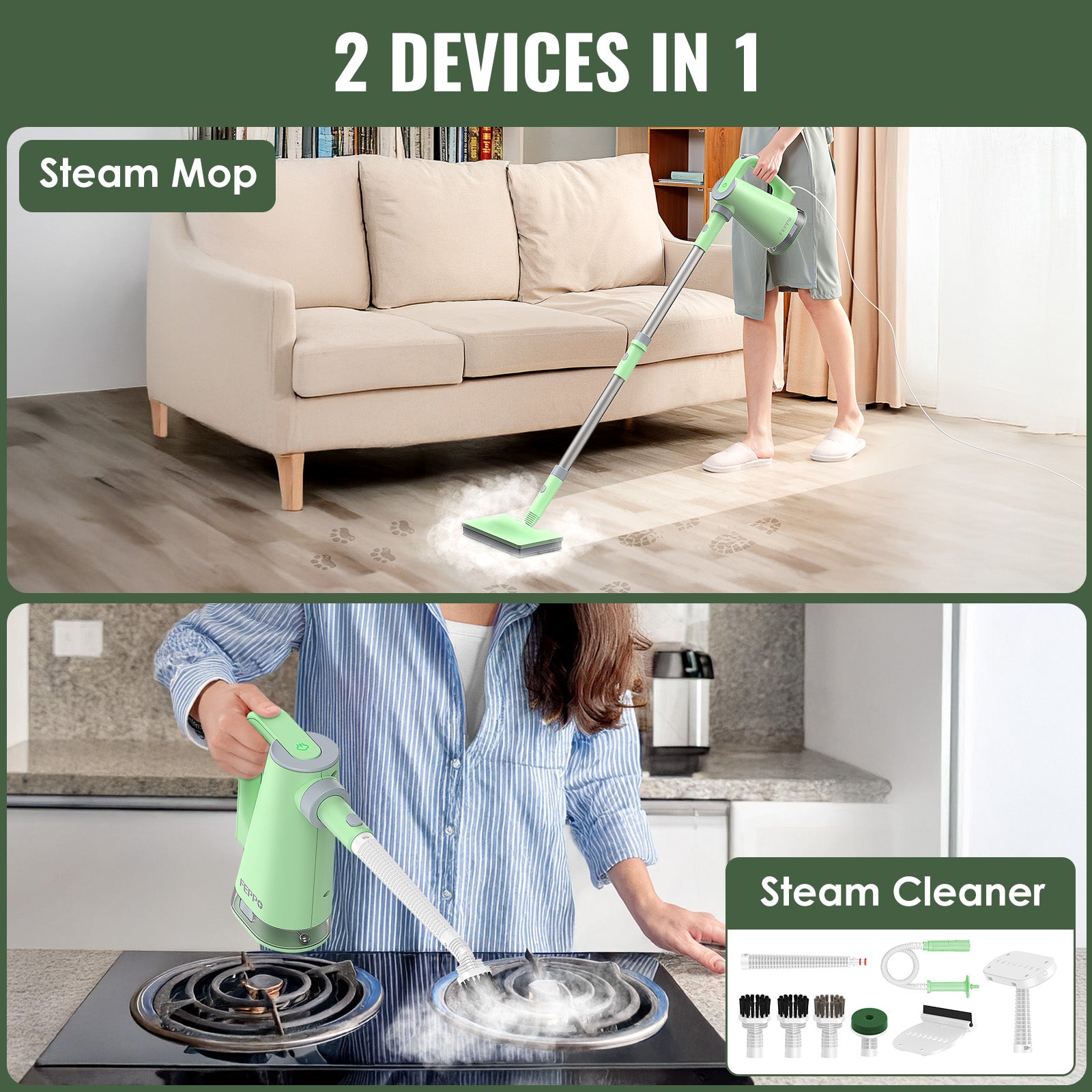 FEPPO 2‑in‑1 Steam Mop & Handheld Cleaner – 10‑in‑1 Attachments for Floors, Grout, Windows | Chemical‑Free, 1300 W