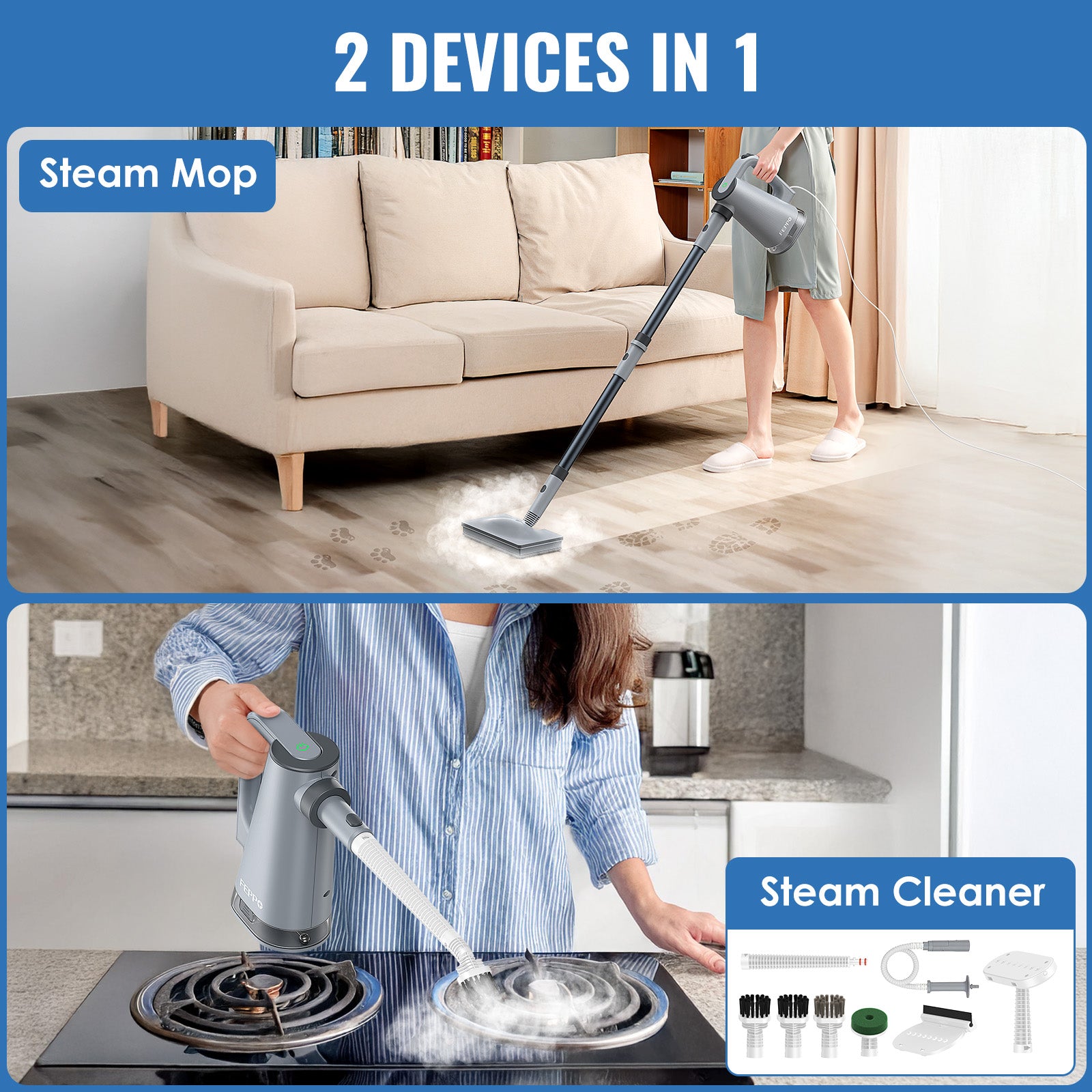 FEPPO 2‑in‑1 Steam Mop & Handheld Cleaner – 10‑in‑1 Attachments for Floors, Grout, Windows | Chemical‑Free, 1300 W