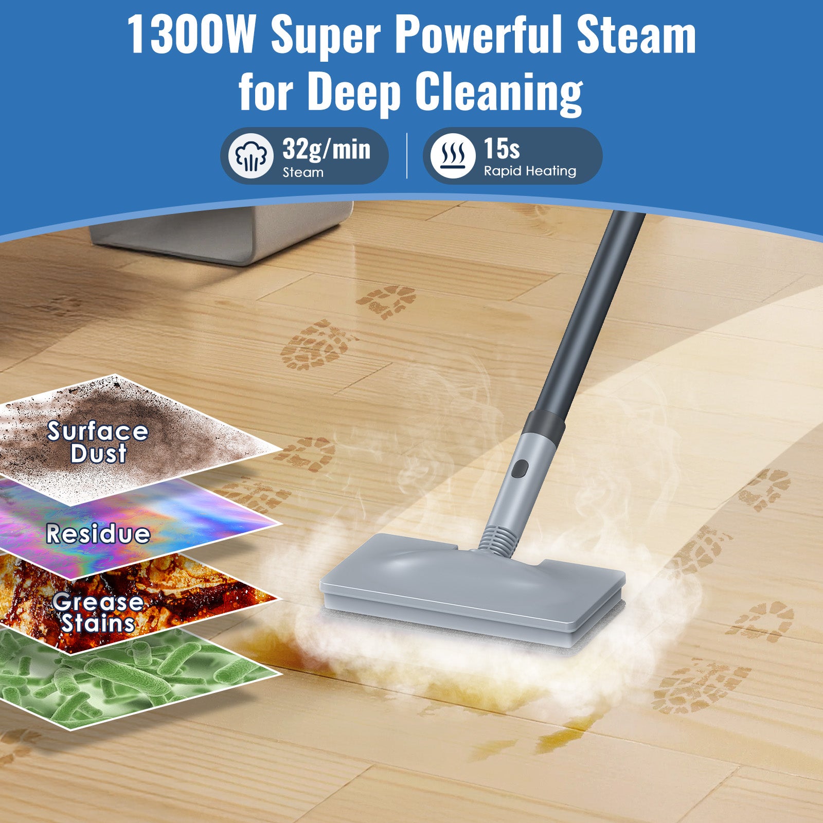 FEPPO 2‑in‑1 Steam Mop & Handheld Cleaner – 10‑in‑1 Attachments for Floors, Grout, Windows | Chemical‑Free, 1300 W