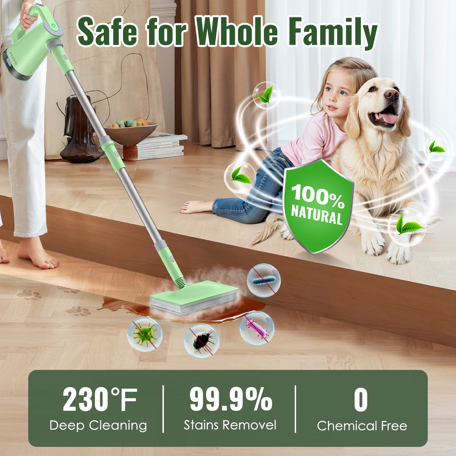 FEPPO 2‑in‑1 Steam Mop & Handheld Cleaner – 10‑in‑1 Attachments for Floors, Grout, Windows | Chemical‑Free, 1300 W