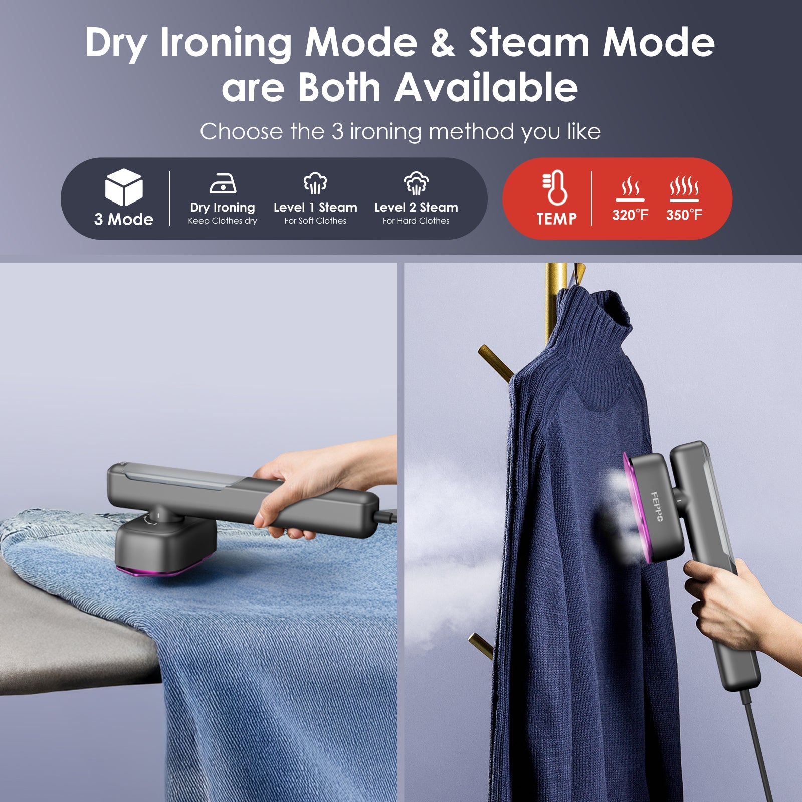 FEPPO Travel Clothes Steamer & Iron 2-in-1 – 1100W Portable Garment Steamer, Dual Voltage 110-240V, Fast Heat-Up, Travel Size