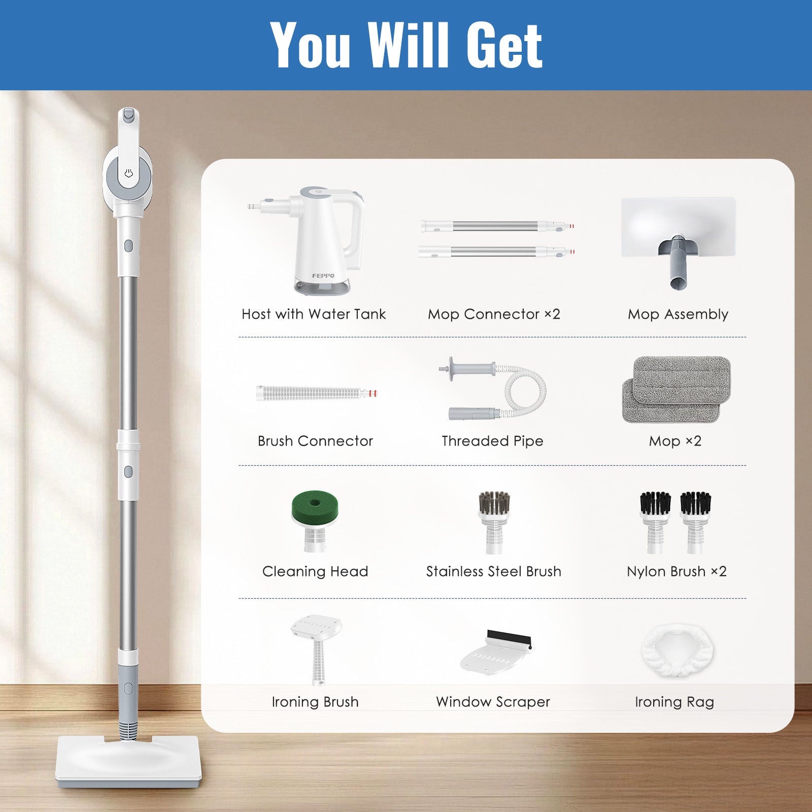 FEPPO 2‑in‑1 Steam Mop & Handheld Cleaner – 10‑in‑1 Attachments for Floors, Grout, Windows | Chemical‑Free, 1300 W