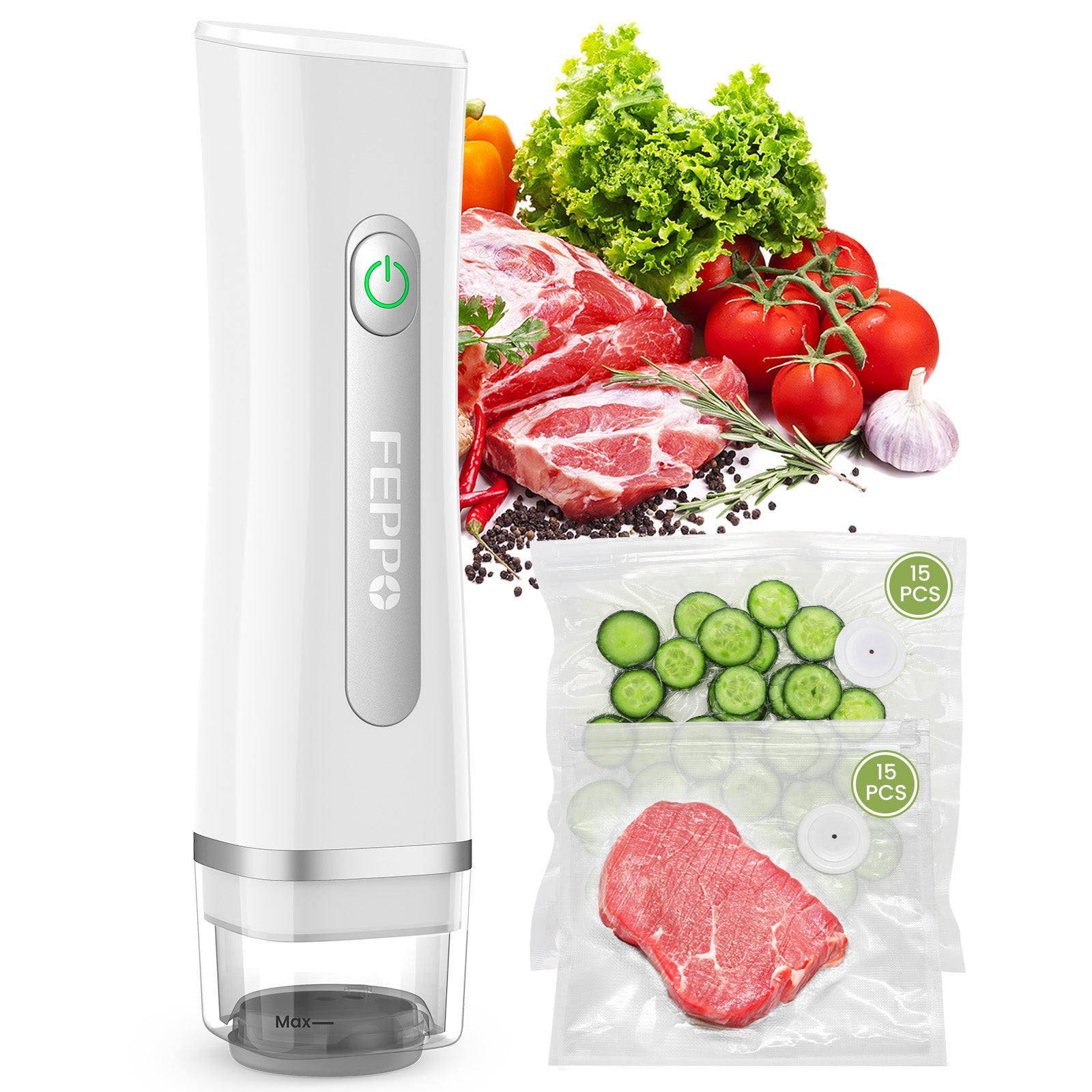 FEPPO Food Vacuum Sealer with Visible Water Tank – Compact Handheld Vacuum Sealer Machine + 30 Reusable Bags for 6X Food Preservation & Freshness